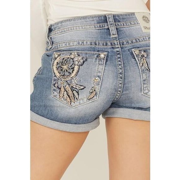 Miss Me Women Sz 28 Blue Embroidered Dreamcatcher Light Wash Mid-Rise Shorts - Picture 2 of 9